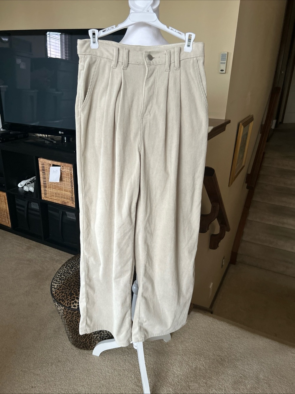 Wide-Leg Corduroy Pants in Light Beige